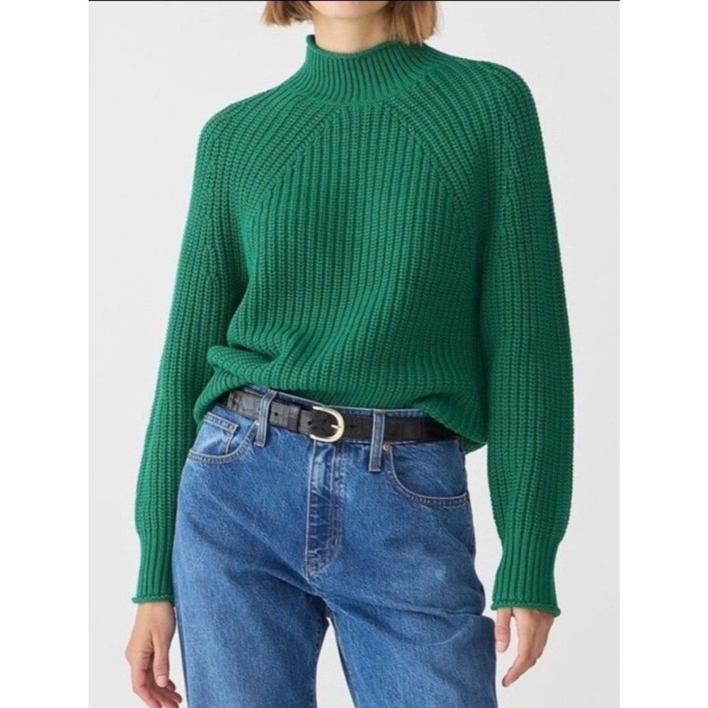 J. CREW Relaxed Rollneck Cotton Sweater Size S Oversized Cotton Cable Knit Green